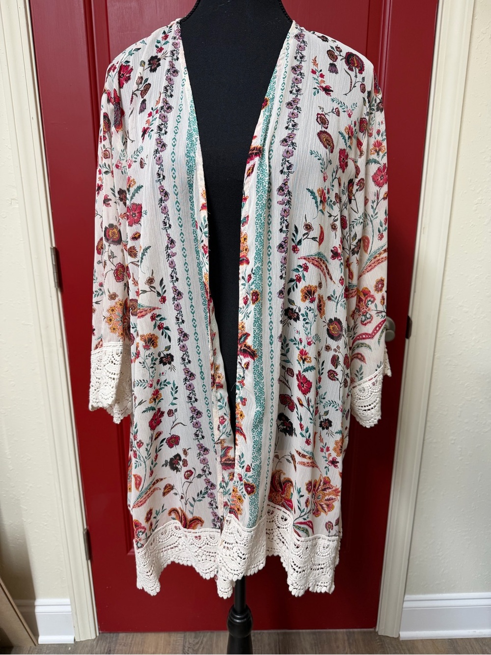 Bohemian Floral Crochet-Trim Tunic - Cream with Multicolor Floral